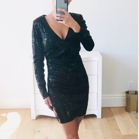 LAST 1! Silver Long Sleeve Sequin Surplice Dress S - Picture 8 of 8